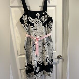 Coldwater Creek Black and White Border  Dress with Pink Ribbon Belt.